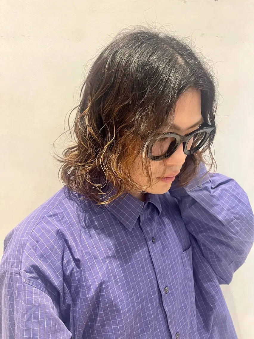 セミロング カラー パーマ メンズ メンズパーマ セミロングパーマ ボブ 🟦メンズ特化🟦 たかしま　あさひのヘアスタイル