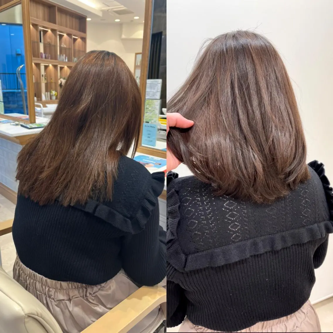 ミディアム カラー グレージュ オレンジ レイヤーカット カット ヘアカラー トリートメント ミタニ/髪質改善 /レイヤーカットのヘアスタイル