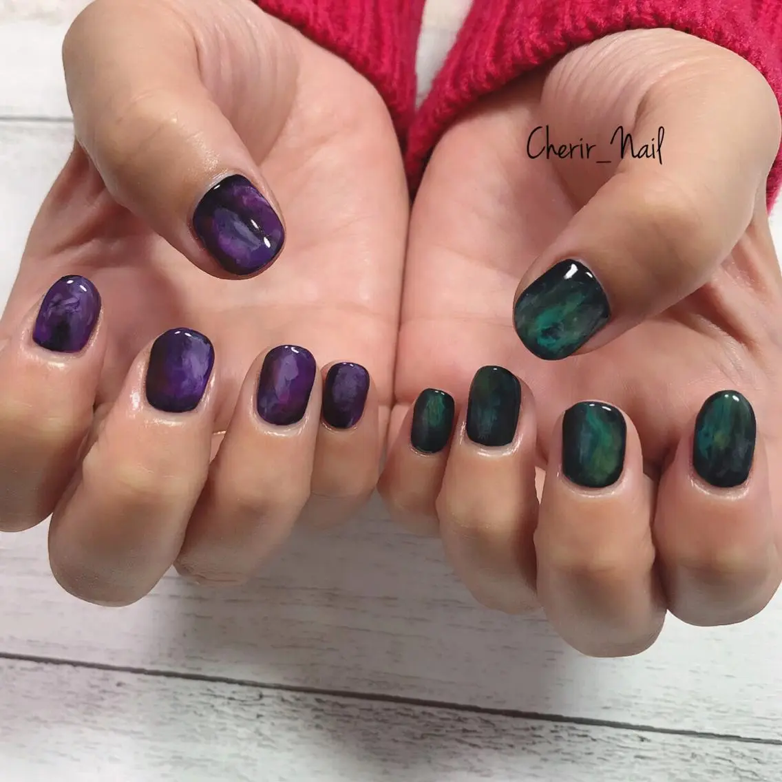 ネイル カジュアル グリーン 大理石ネイル(マーブル) ニュアンスネイル ワンカラーネイル Cherirnail kaoriのネイルデザイン