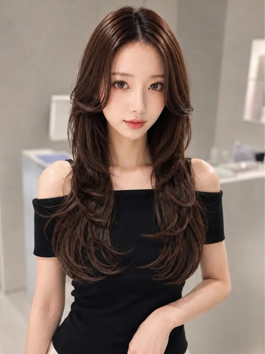 ロング カラー カット ヘアカラー トリートメント 髪質改善ストレート 韓国風レイヤー池袋のヘアスタイル