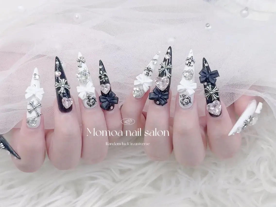 ネイル 成人式 大理石ネイル(マーブル) リボン 夏ネイル ネイルチップ ハンドネイル MoMoA Nail ネイル長さ出し専門店のネイルデザイン
