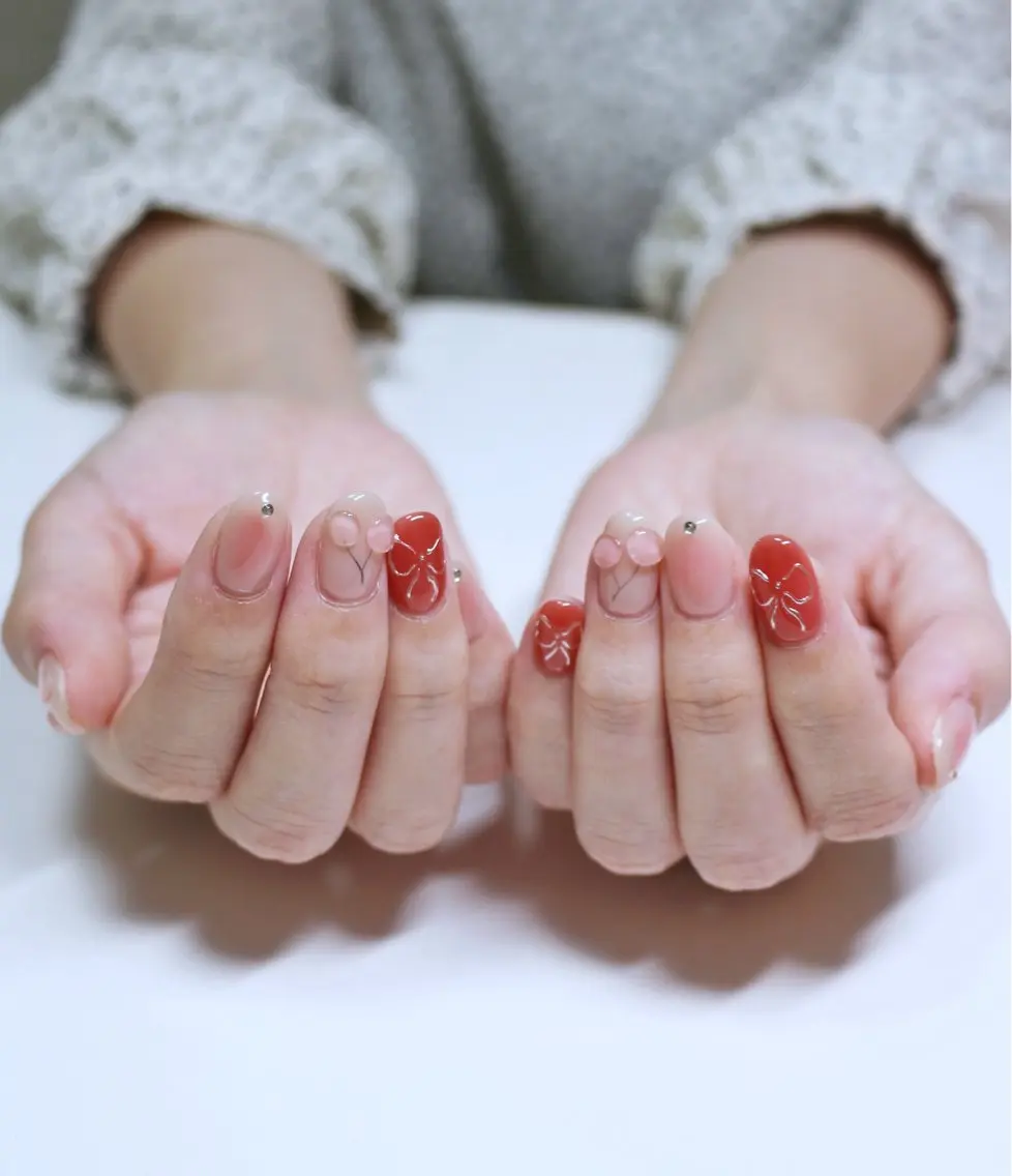 ネイル チークネイル 韓国ネイル ピンク リボン ワンホンネイル ハンドネイル Baku Nailsのネイルデザイン