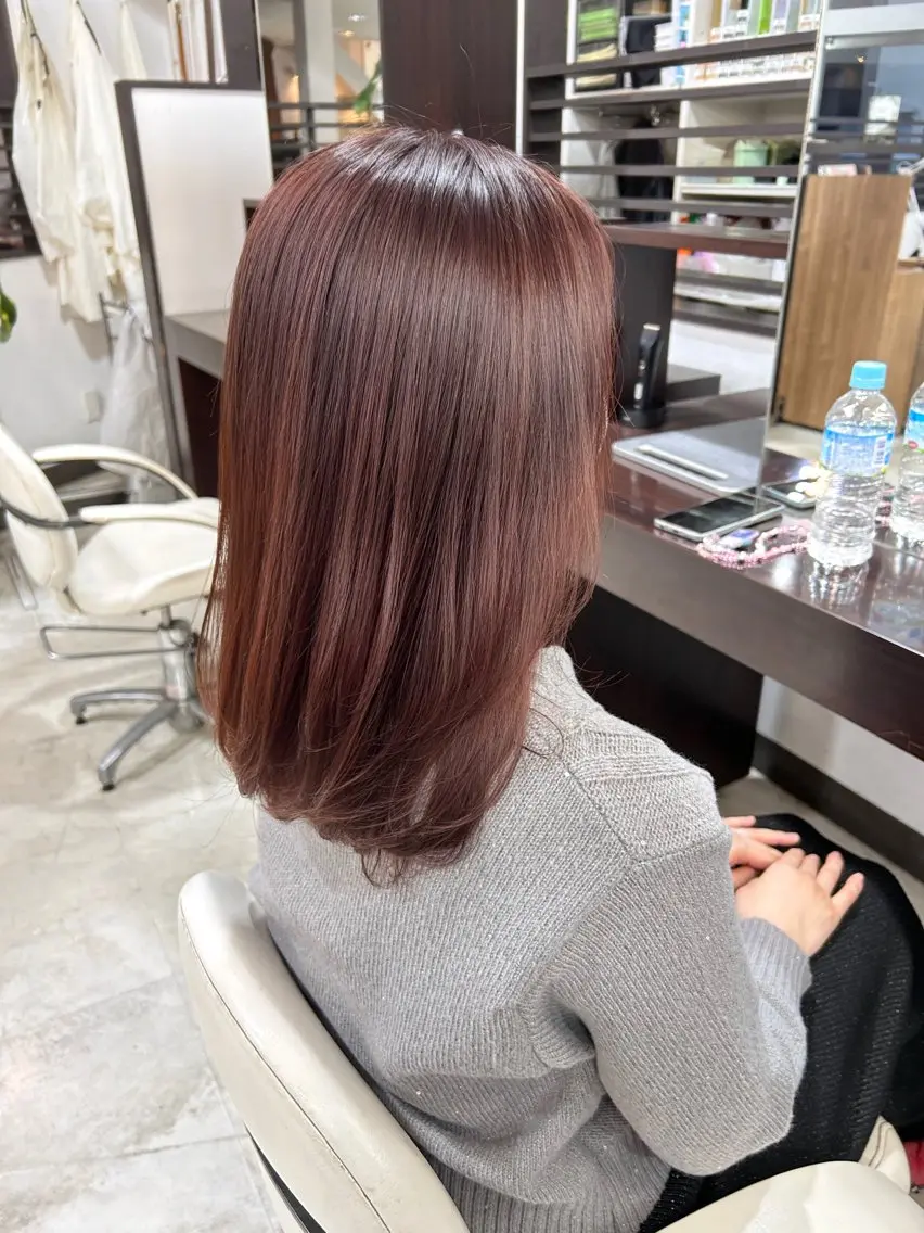 セミロング ピンクブラウン 縮毛矯正 まつ毛&ヘア earnest山田のマツエク・マツパデザイン
