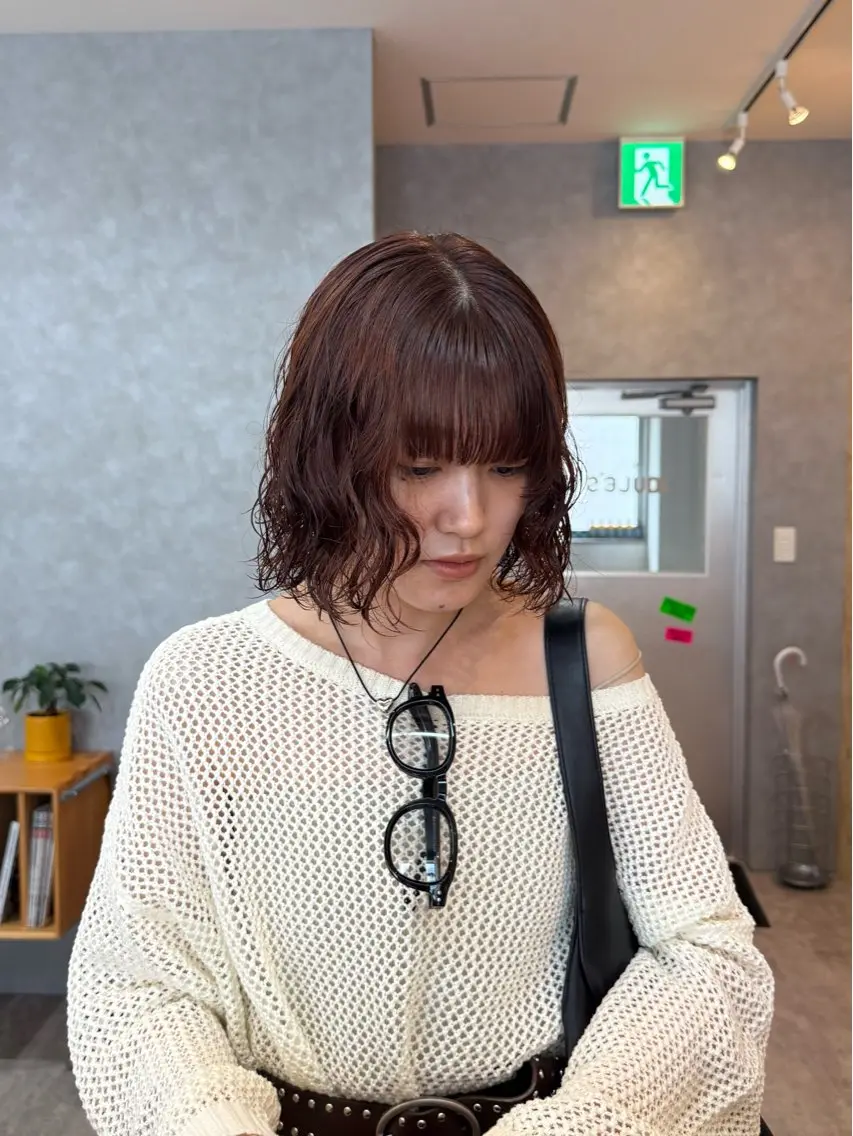 ミディアム カラー パーマ ミディアムパーマ ブラウンカラー オレンジ オレンジブラウン ボブ カット パーマ トリートメント azumi/ボブ/暖 色/オリーブ/縮毛のヘアスタイル