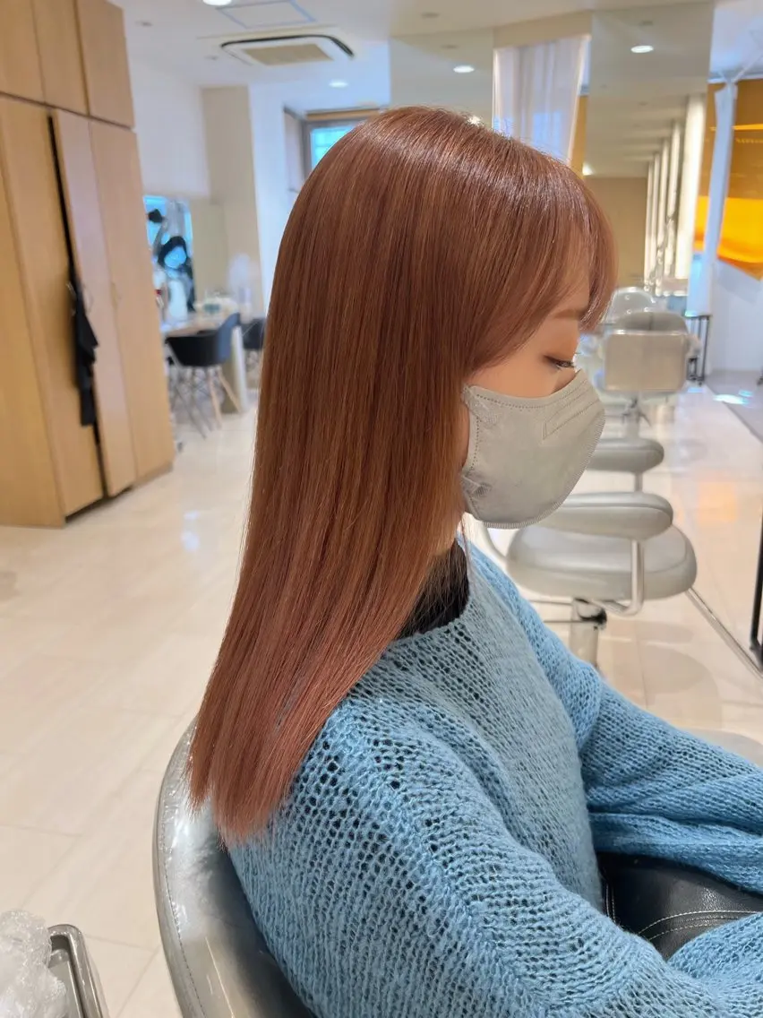 セミロング カラー ベージュカラー ブリーチ ピンクカラー ピンクベージュ 美髪矯正/シークレッ トハイライト🤍りさのヘアスタイル