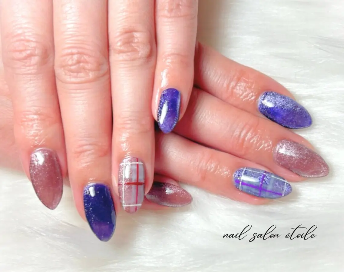 ネイル マグネットネイル パープル 赤色 バレンタイン ハンドネイル nail salon étoileのネイルデザイン