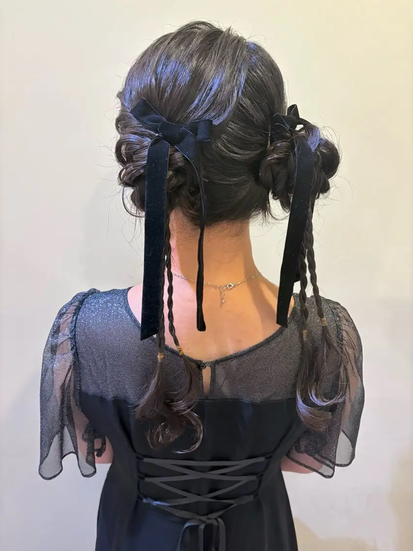 ロング ヘアアレンジ お団子ヘア ヘアセット ボウ🪞早朝ヘア /メイク/マツパのマツエク・マツパデザイン