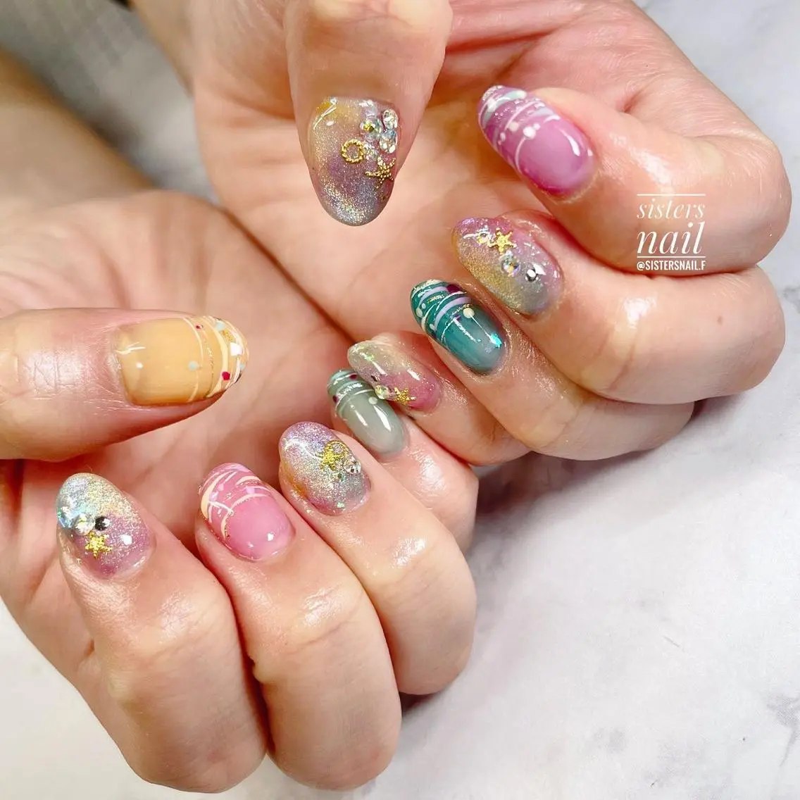 ネイル アートネイル ジェルネイル マグネットネイル 夏ネイル sisters nail.fのネイルデザイン