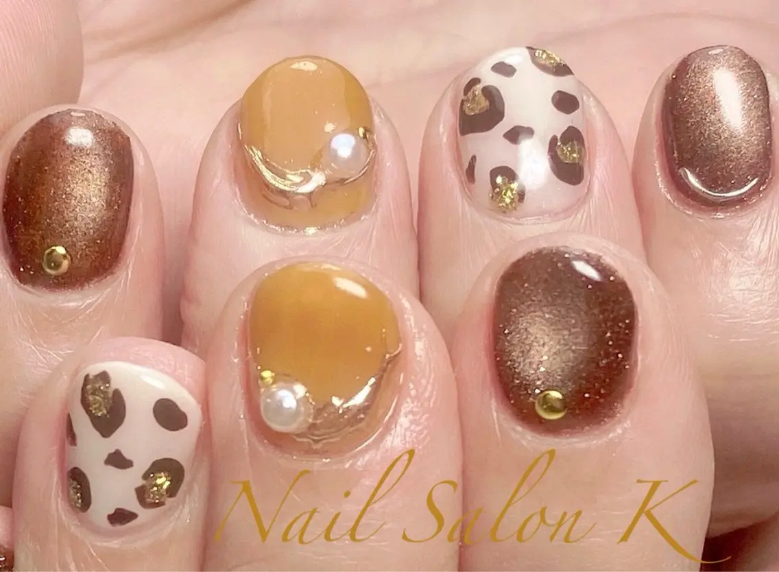 ネイル アニマル柄 ブラウン マグネットネイル 持ち込み ハンドネイル Nail Salon K 🧸美爪育成のネイルデザイン