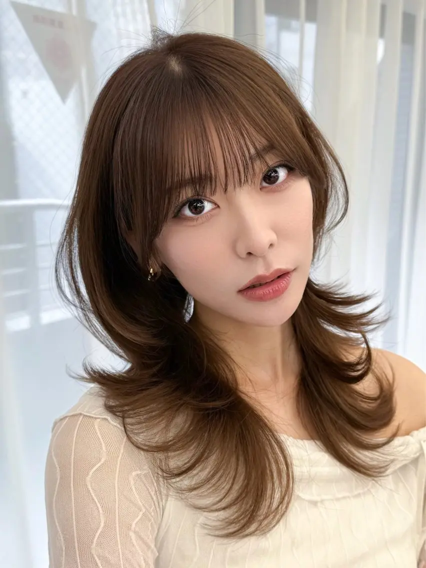セミロング 韓国風ヘア レイヤーカット カット ヘアカラー トリートメント 失敗しない顔まわり× 小顔補正レイヤー難波のヘアスタイル