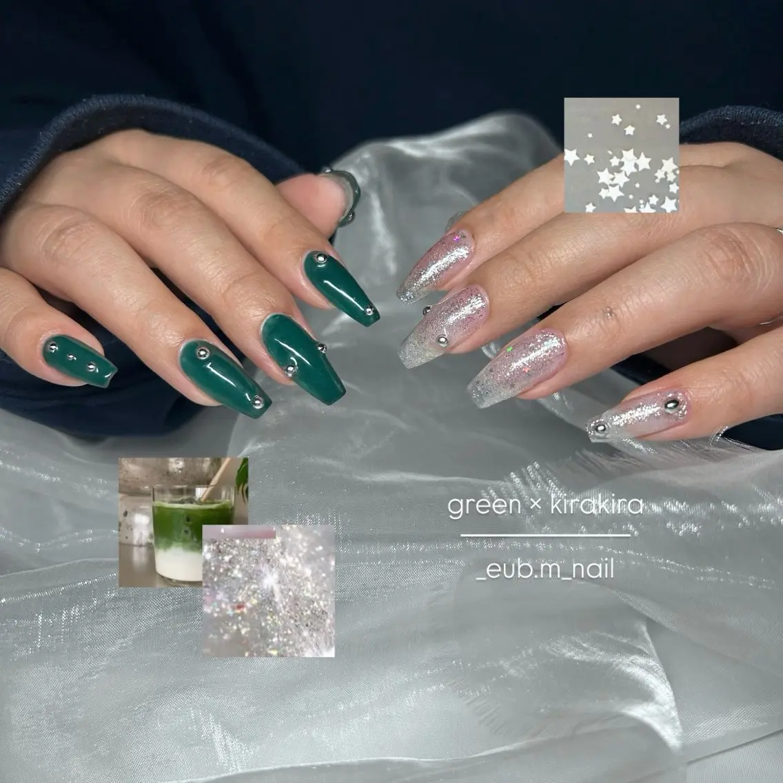 ネイル グリーン ラメ(グリッター) 冬ネイル ハンドネイル 深夜ネイルサロン eub.m_nailのネイルデザイン