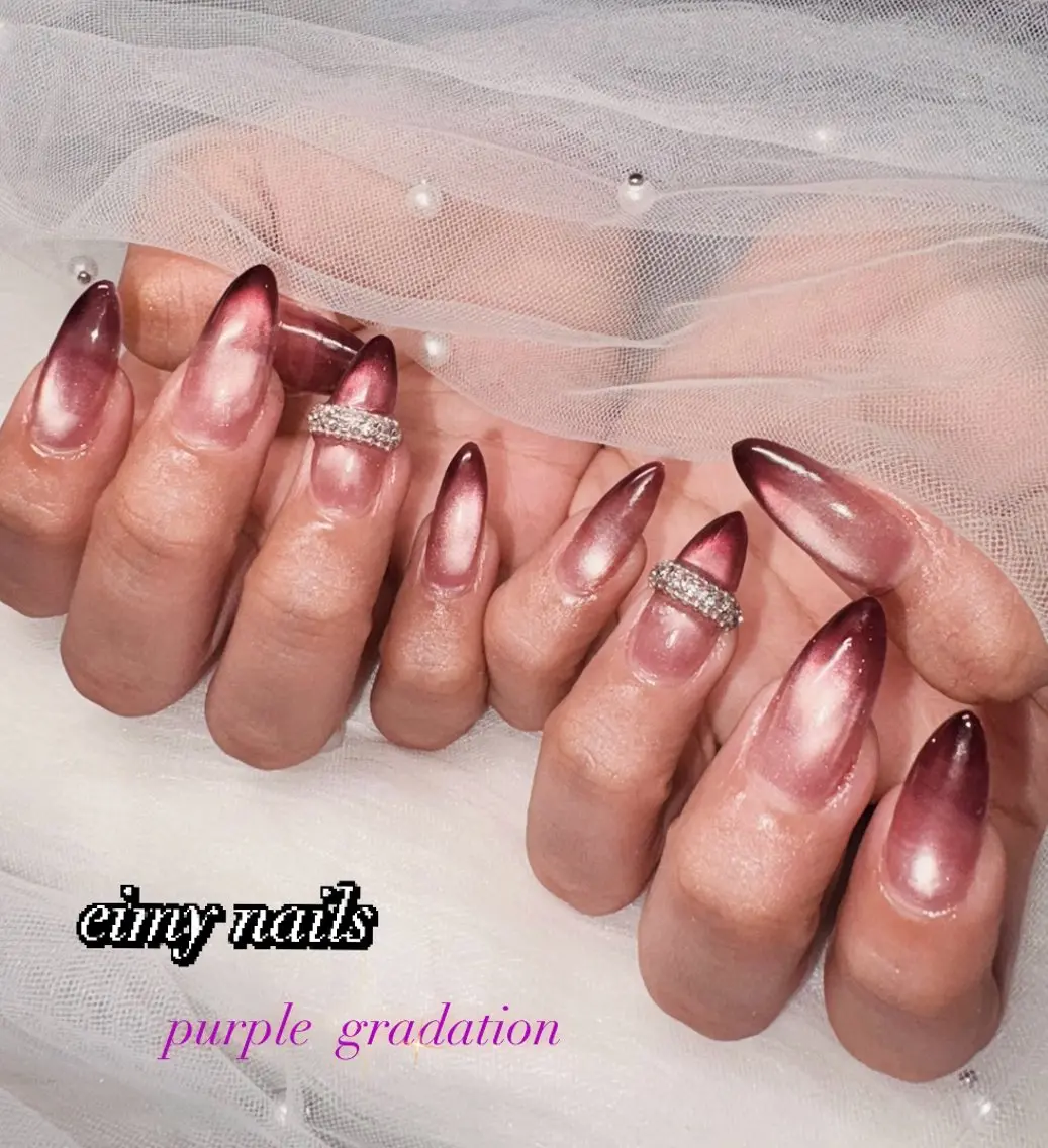 ネイル グラデーション マグネットネイル パープル ストーンネイル ネイルチップ ハンドネイル eimy nails♡のネイルデザイン