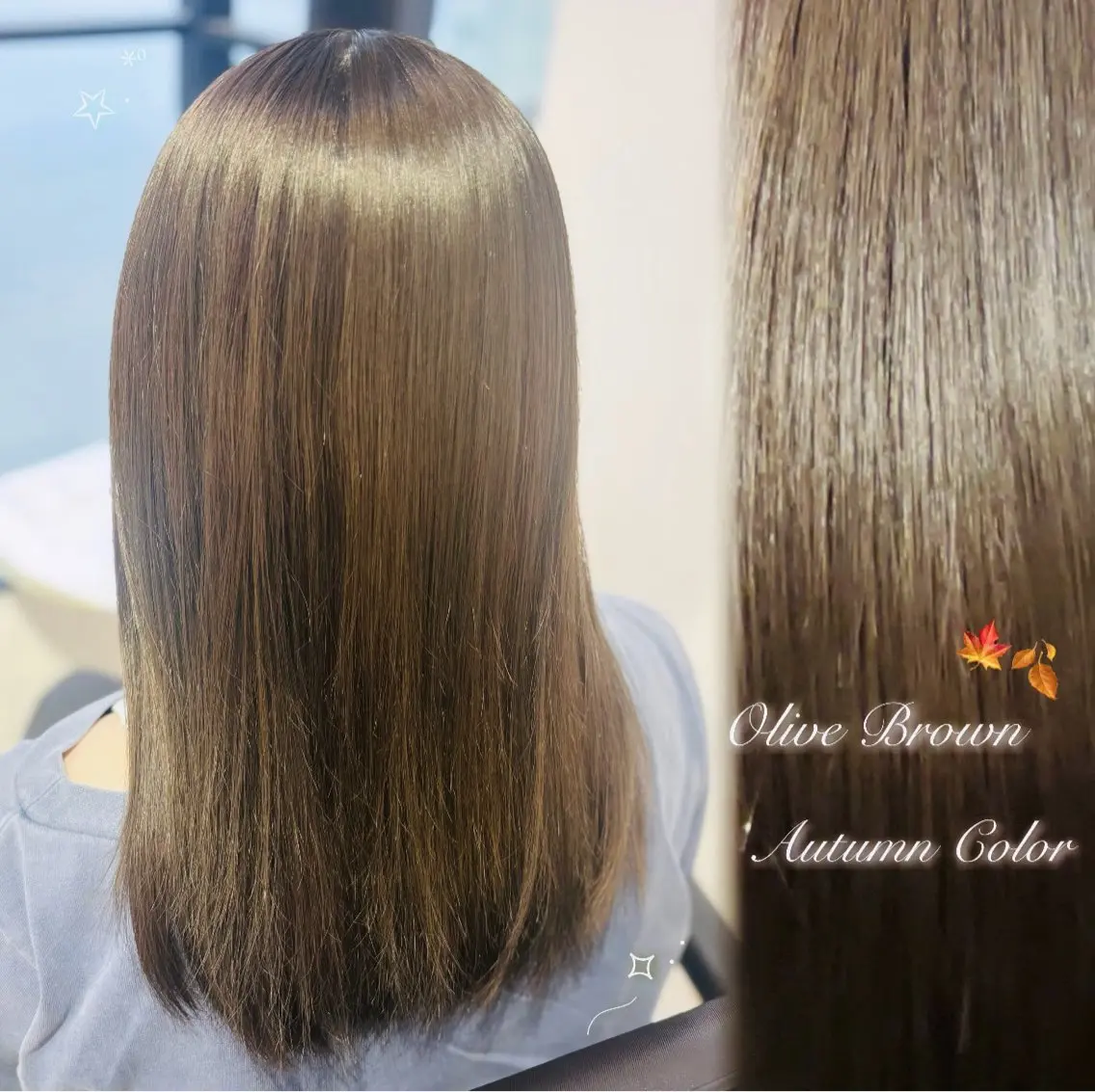 セミロング カラー ブラウンカラー 透明感カラー オリーブブラウン ヘアカラー トリートメント 🐣‪かれん🍀/ 上尾/艶髪ワンカラーのヘアスタイル