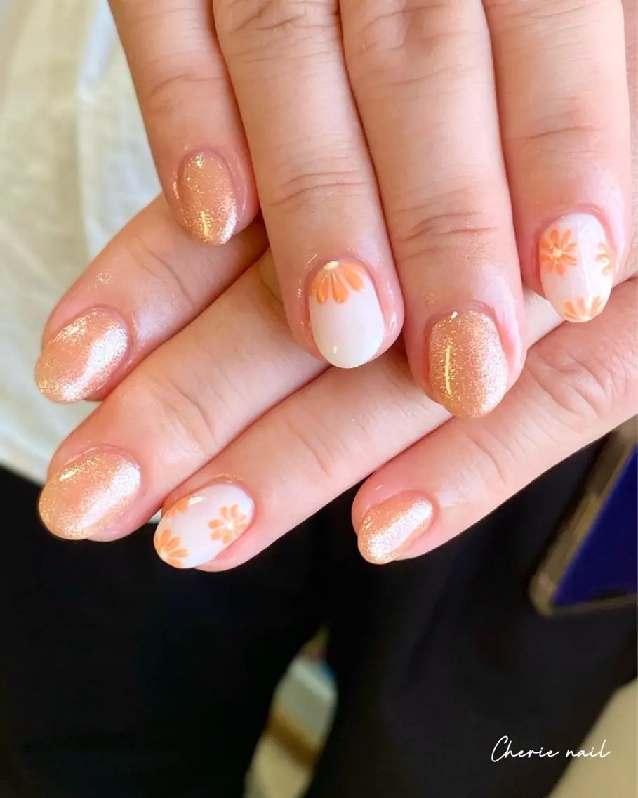 ネイル フラワーネイル ジェルネイル オレンジ ぷっくりネイル 夏ネイル ハンドネイル Cherienail yunaのネイルデザイン
