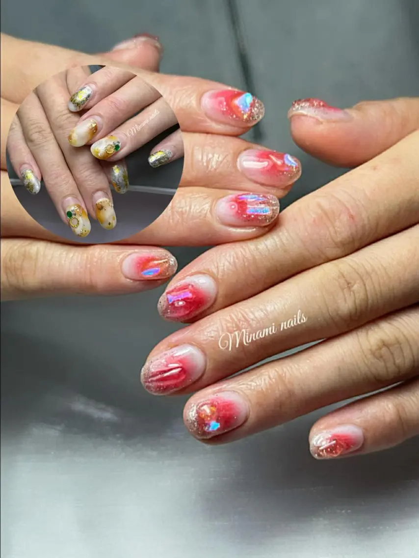 ネイル アートネイル オーロラネイル ガーリー キラキラネイル 韓国ネイル ハンドネイル Minami Nailsのネイルデザイン