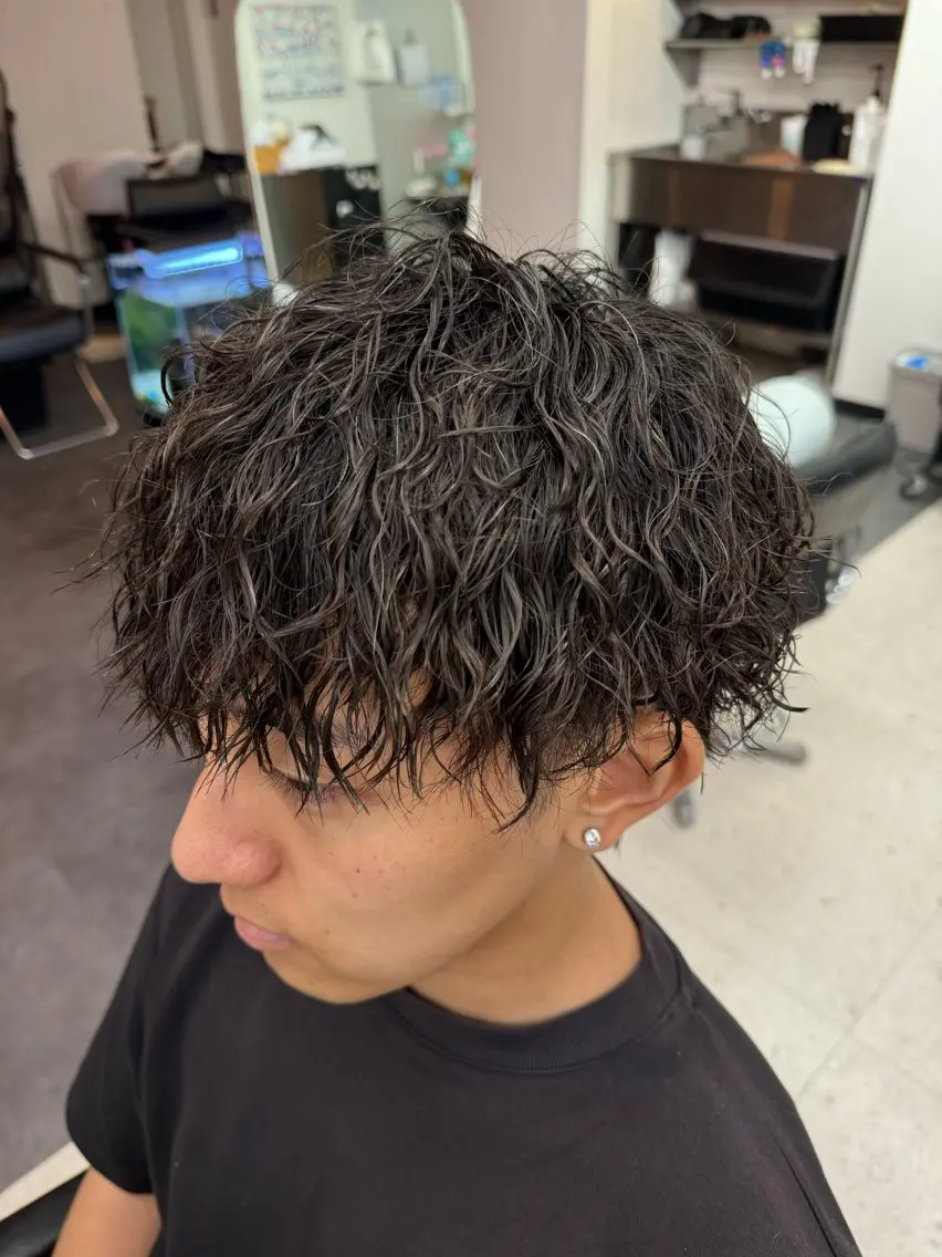 ショート パーマ メンズ メンズハイライト メンズパーマ ツイストスパイラルパーマ ハイライト スパイラルパーマ カット パーマ ハイトーンカラー メンズパーマだいきのヘアスタイル