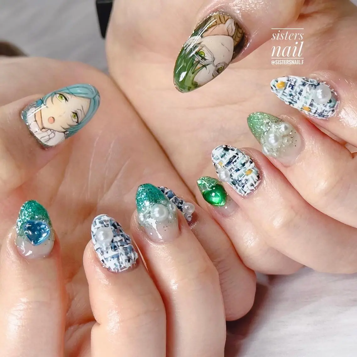 ネイル アートネイル ブルー グリーン キラキラネイル ツイードネイル sisters nail.fのネイルデザイン