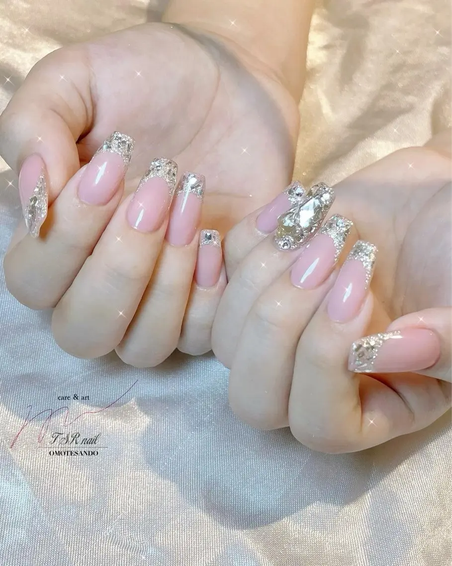 ネイル フレンチネイル ガラスフレンチ ロングネイル ピンク ショートネイル ハンドネイル ハンドケア 爪咲 りり花のネイルデザイン