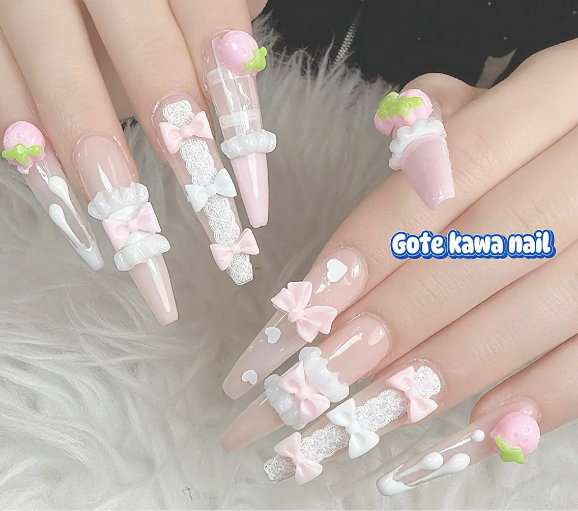 ネイル ハート レース ピンク リボン ハンドネイル ハンドケア Gote Kawa nail salonのネイルデザイン