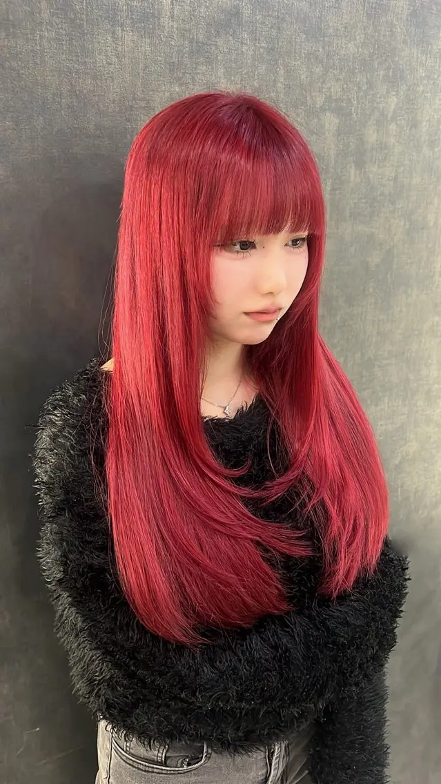 ロング カラー レッドカラー 問屋町のブリーチデザ イン屋さん🌈ゆうまのヘアスタイル