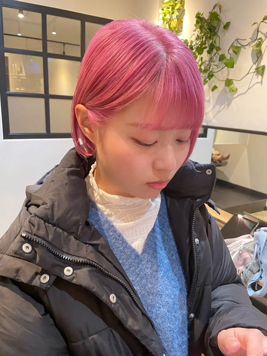 ショート カラー ブリーチ ケアブリーチ ダブルカラー ピンクカラー ボブ ヘアカラー トリートメント ハイトーン/カラー/ 用賀/稲若健太郎のヘアスタイル