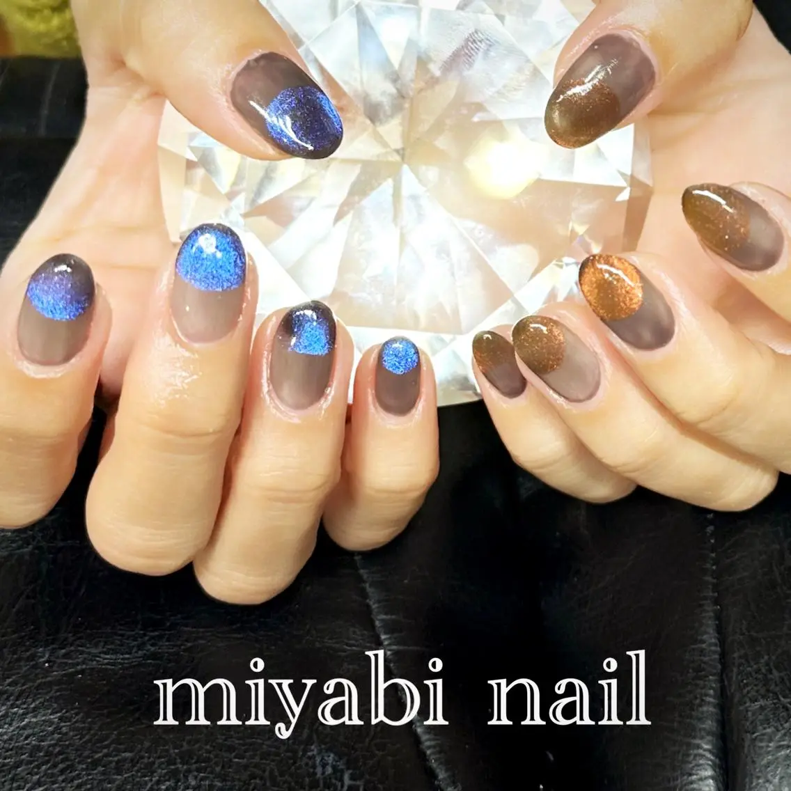 ネイル ブルー ジェルネイル マグネットネイル 持ち込み オレンジ ハンドネイル miyabi nail 桂川駅近くのネイルデザイン