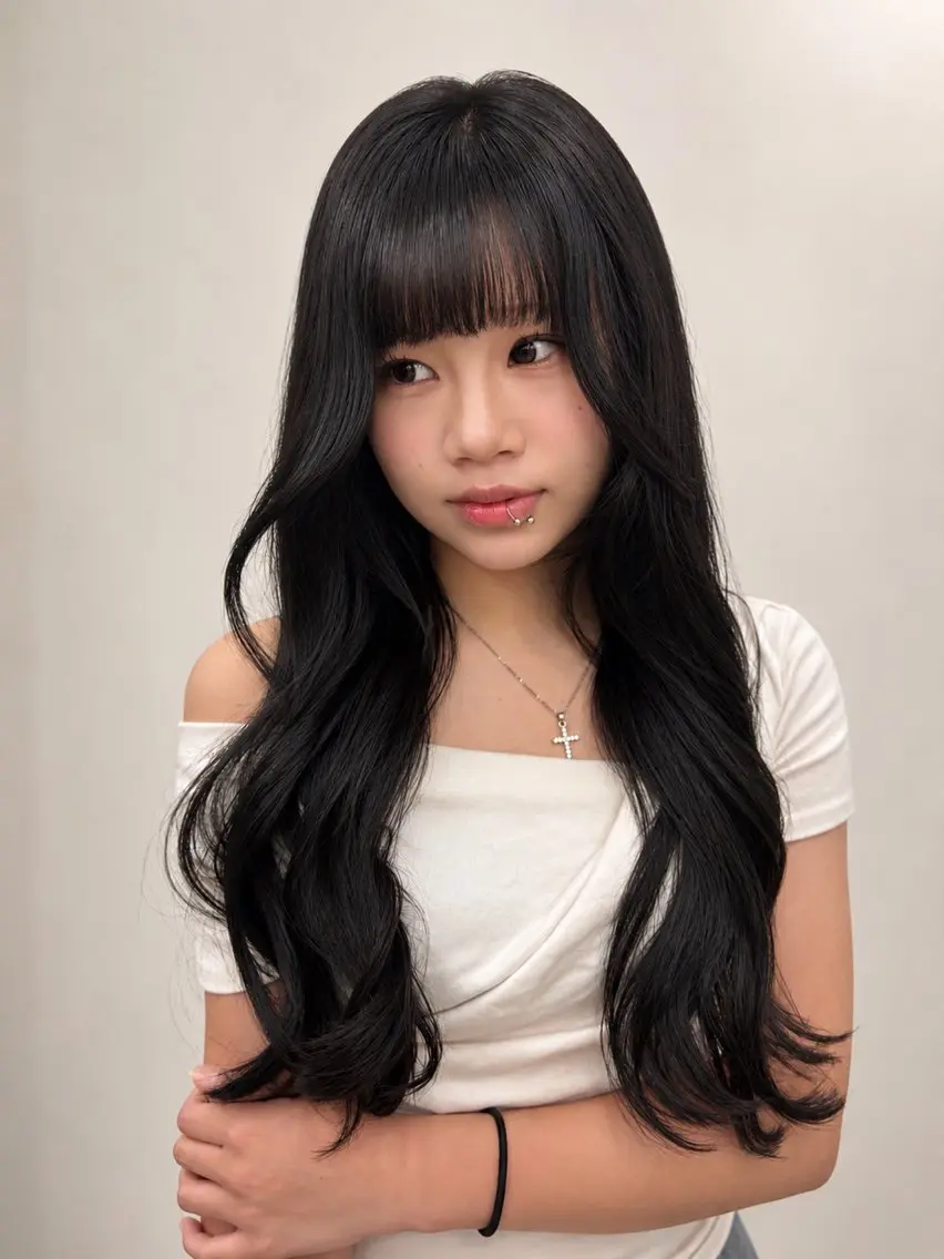 ロング カラー 黒髪 顔周りカット 韓国風ヘア ブリーチなし/ダブル カラー🪼/ジュネのヘアスタイル