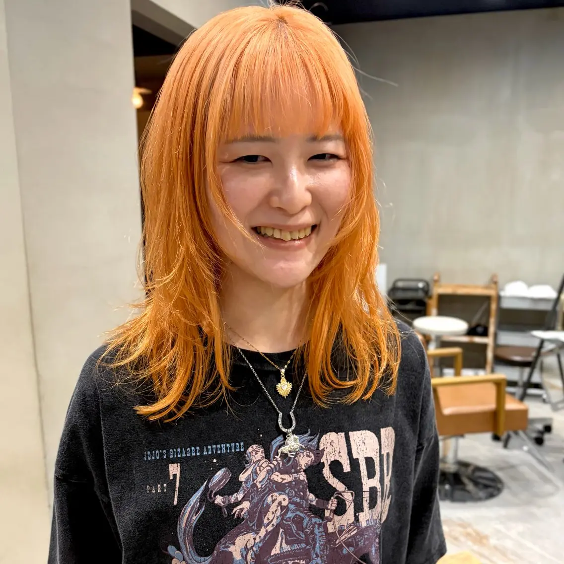 ミディアム カラー オレンジ レイヤーカット カット ヘアカラー なな/ICI/レイヤ ーパーマ/上前津のヘアスタイル