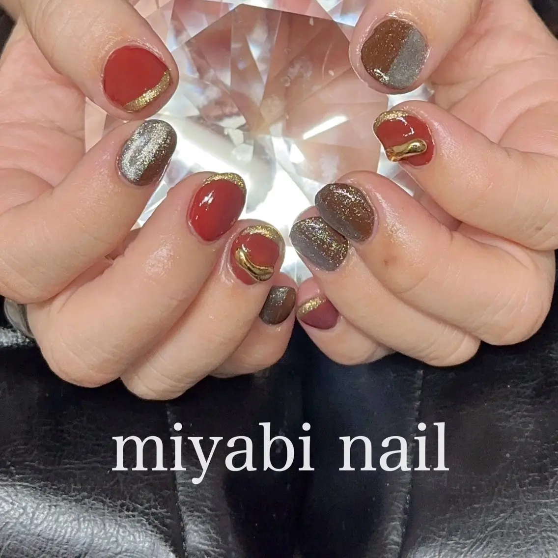 ネイル ブラウン ジェルネイル ゴールド ラメ(グリッター) マグネットネイル ハンドネイル miyabi nail 桂川駅近くのネイルデザイン