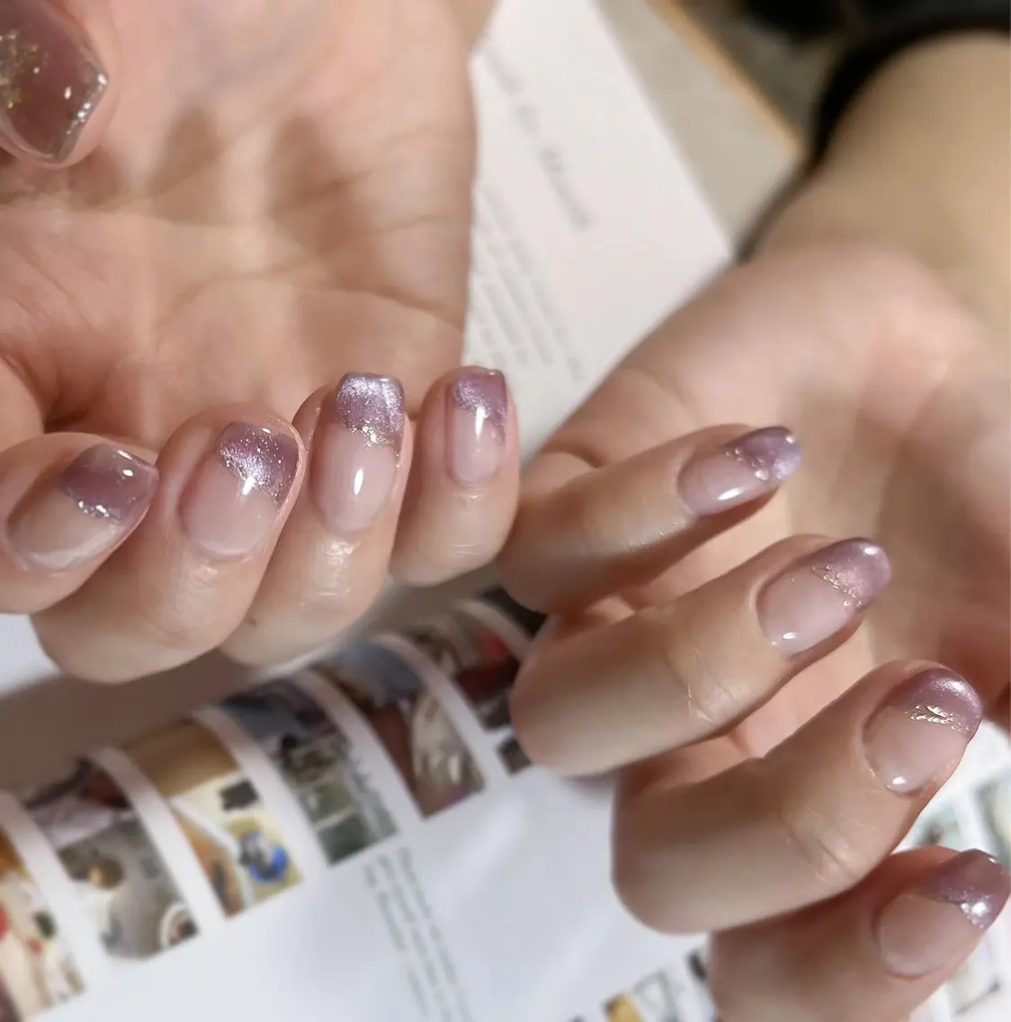 ネイル フレンチネイル ハート マグネットネイル ミラーネイル パープル ハンドネイル pointillé .ayaのネイルデザイン