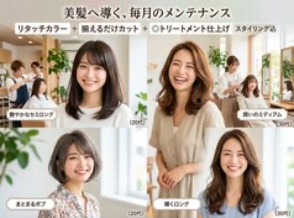 リタッチカラー+揃えるだけカット ◎トリートメント仕上げ スタイリング込の写真