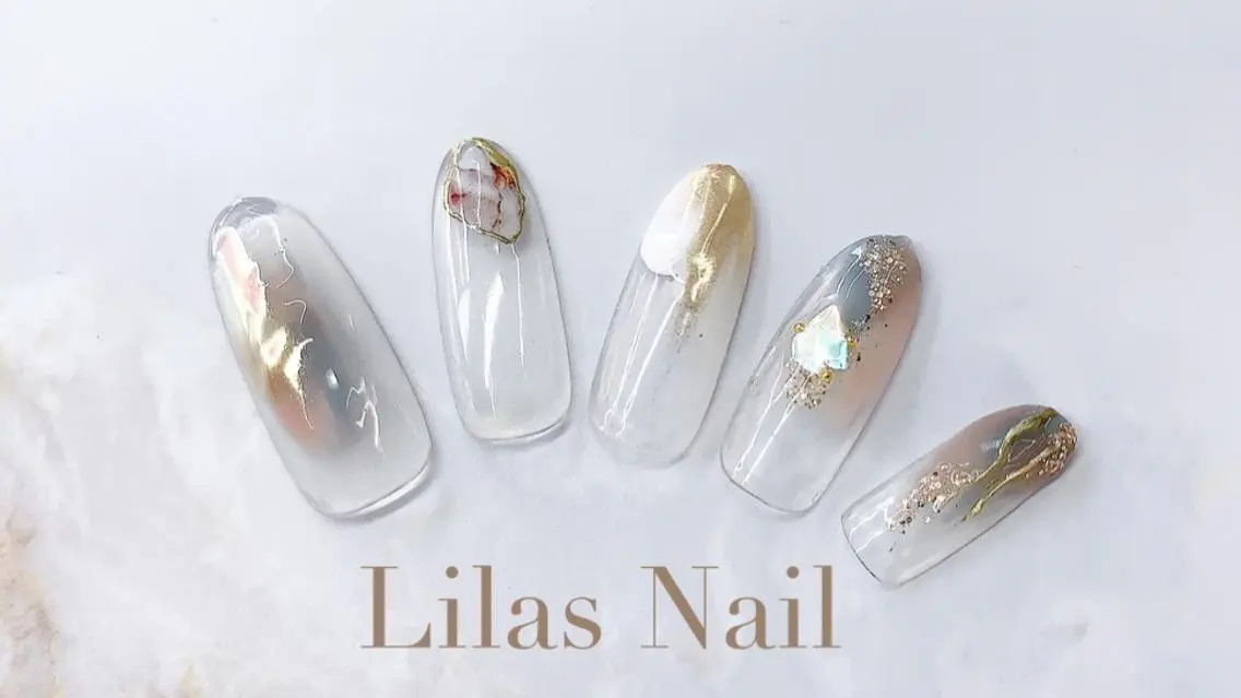 ネイル クリアネイル ジェルネイル ハードジェル ロングネイル 大理石ネイル(マーブル) Lilas Nailのネイルデザイン