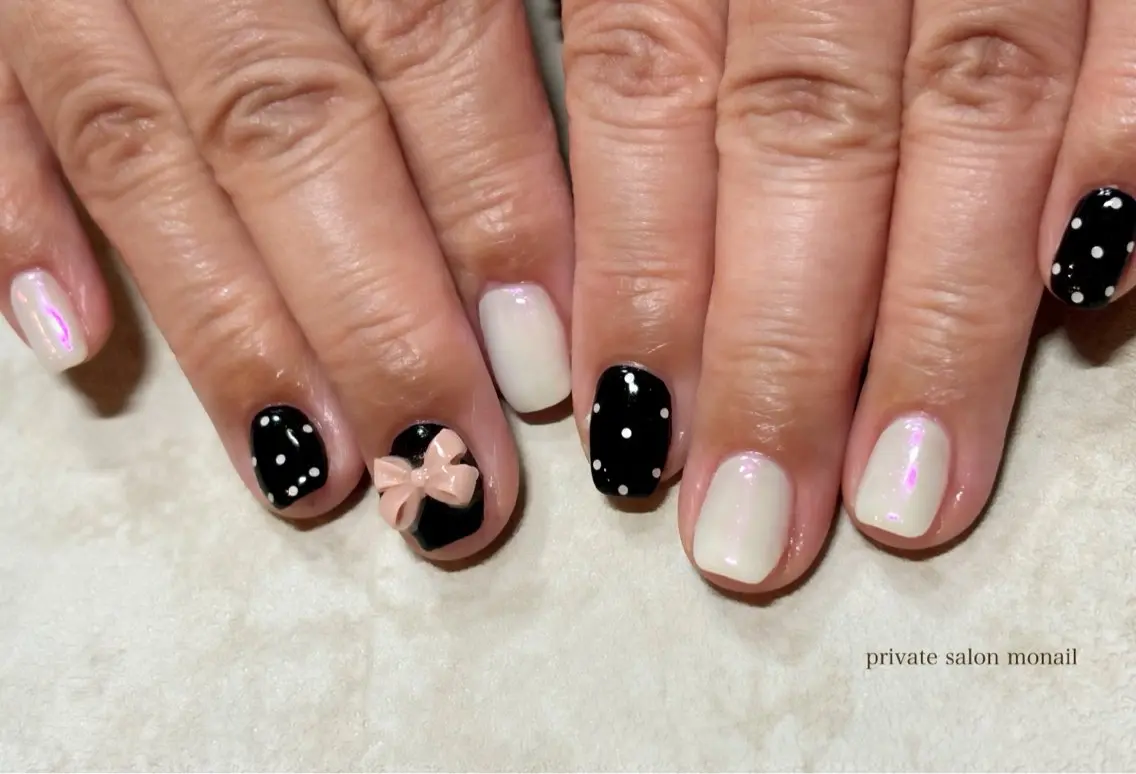 ネイル ドット リボン ハンドネイル nail salon monailのネイルデザイン