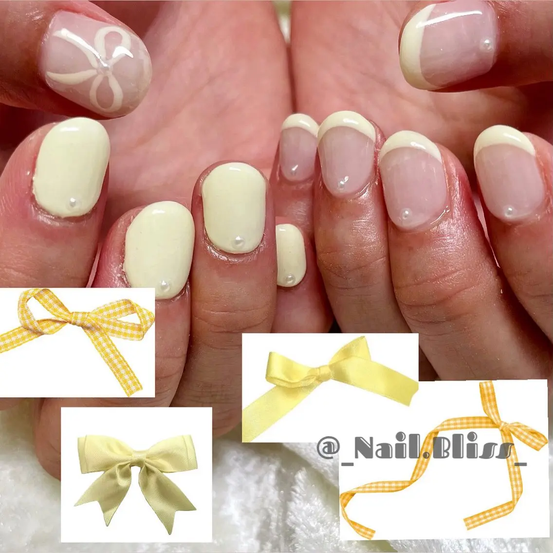 ネイル フレンチネイル リボン 黄色 ハンドネイル NAIL BLISSのネイルデザイン