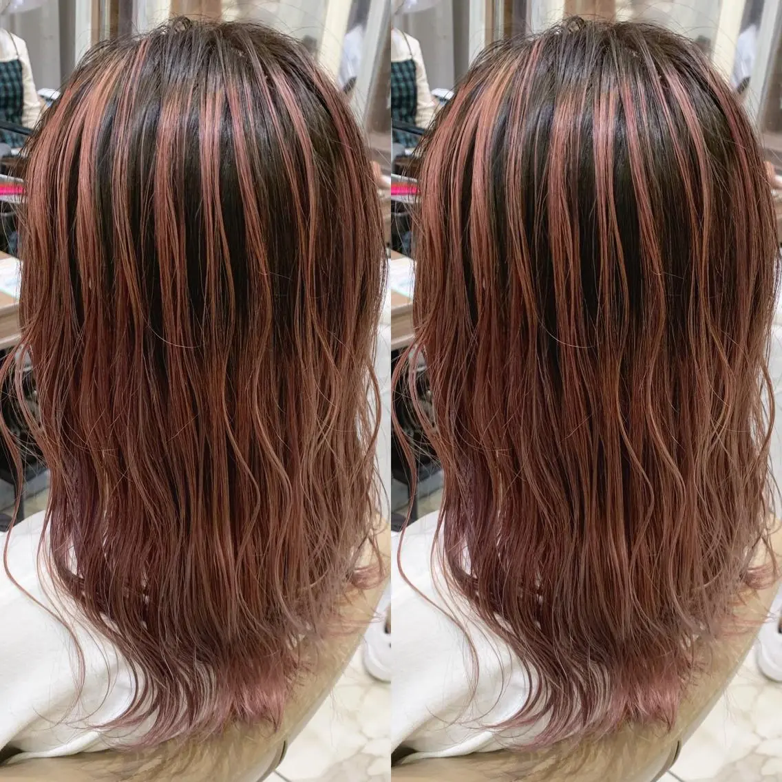 ロング カラー ヘアアレンジ バレイヤージュ ピンクカラー レイヤーカット 白髪ぼかしハイライト 茗荷谷駅徒歩2分のヘアスタイル