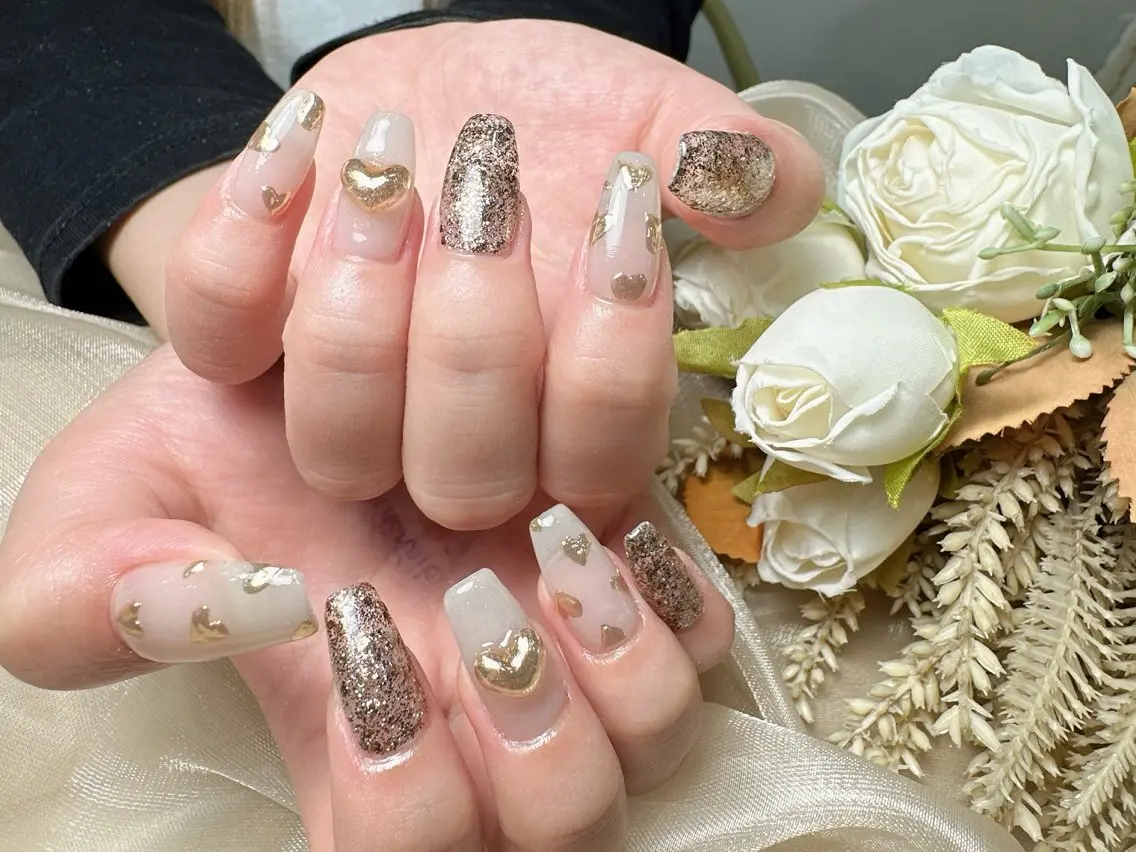 ネイル 長さ出し ハート 持ち込み ハンドネイル ハンドケア 🫧M. nailsのネイルデザイン