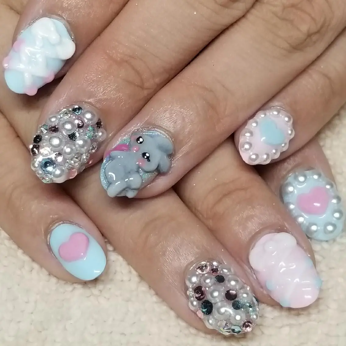 ネイル ハート 水色 ピンク リボン ハンドネイル よしだ ひろきのネイルデザイン