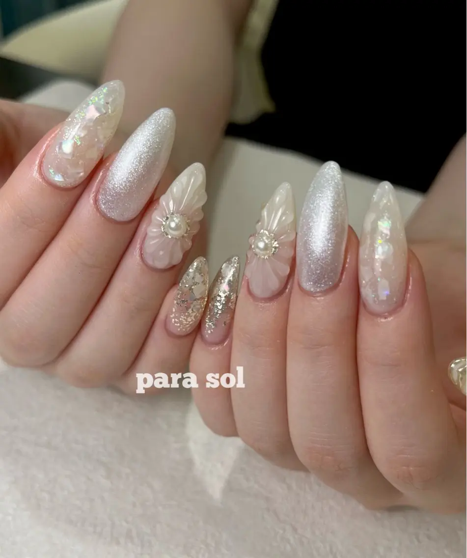 ネイル フラワーネイル ジェルネイル キラキラネイル ラメ(グリッター) パラジェル ハンドネイル Para Sol nail　Maoのネイルデザイン