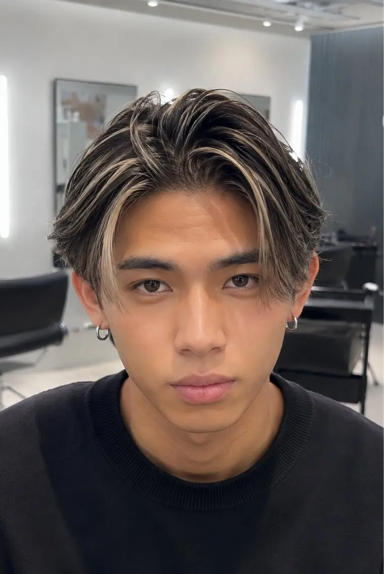 カラー メンズ メンズハイライト ベージュカラー ハイライトカラー ホワイトベージュ ヘアカラー 表参道/ハイライト バレイヤージュのヘアスタイル