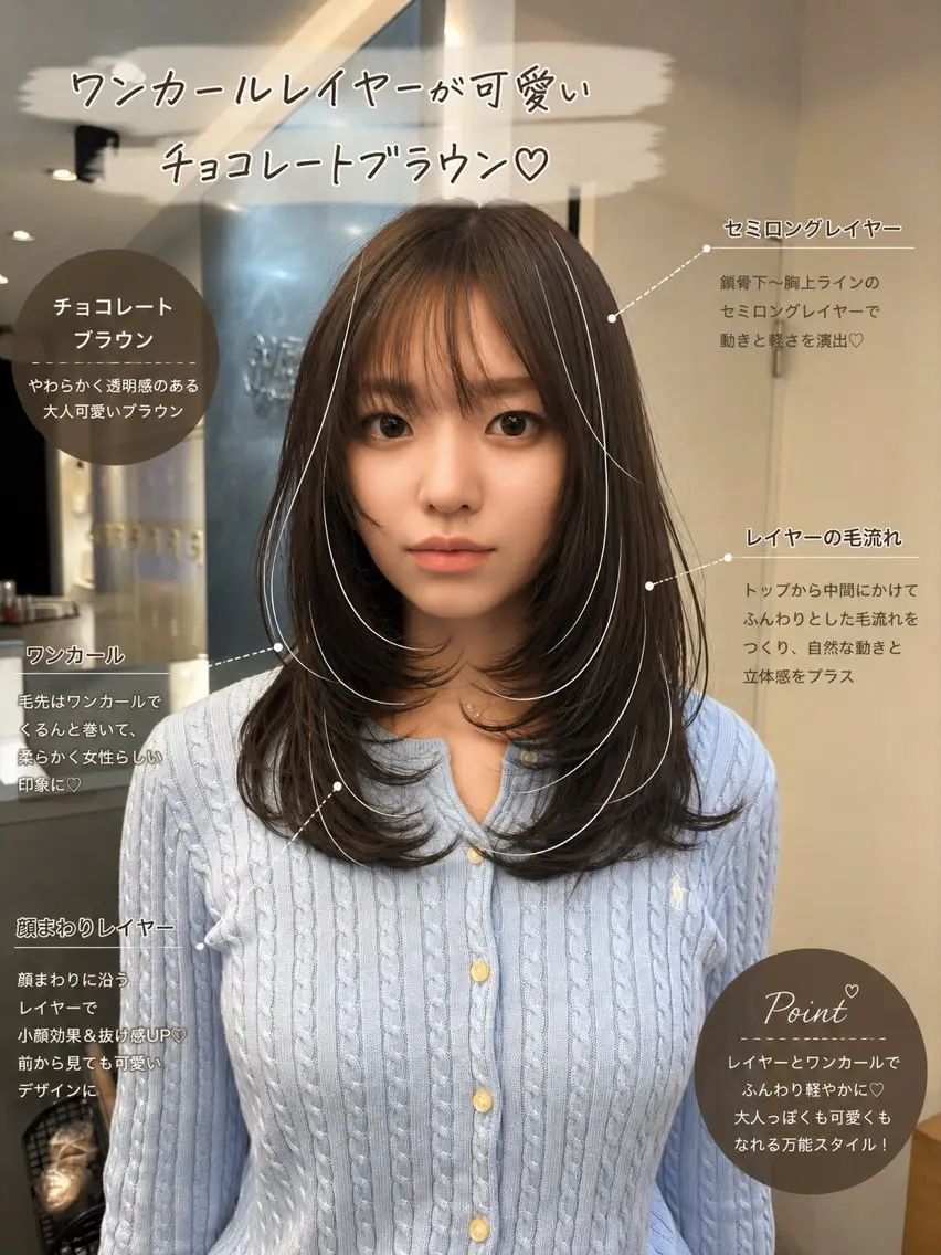 セミロング チョコレートブラウン レイヤーカット カット ヘアカラー トリートメント 🍀祥吾🍀レイヤー ✨透明感カラー✨のヘアスタイル