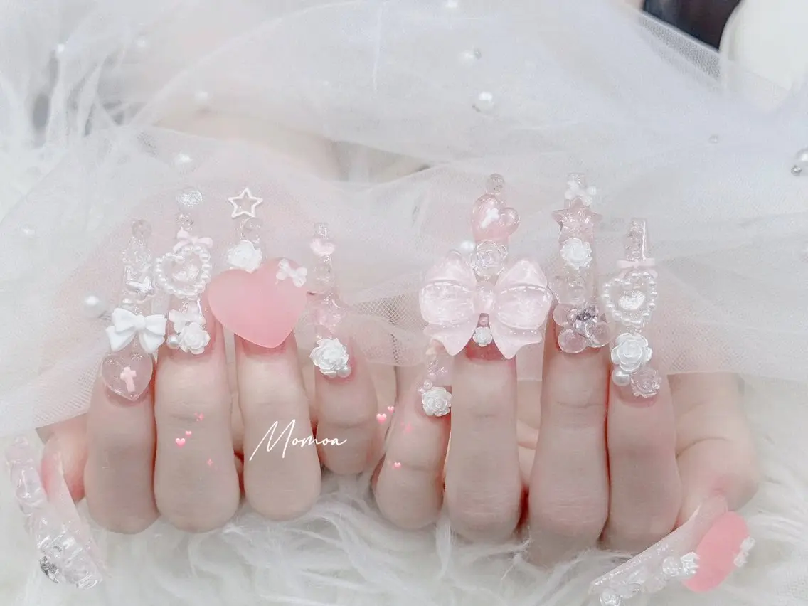 ネイル 成人式 大理石ネイル(マーブル) リボン 夏ネイル ネイルチップ ハンドネイル MoMoA Nail ネイル長さ出し専門店のネイルデザイン