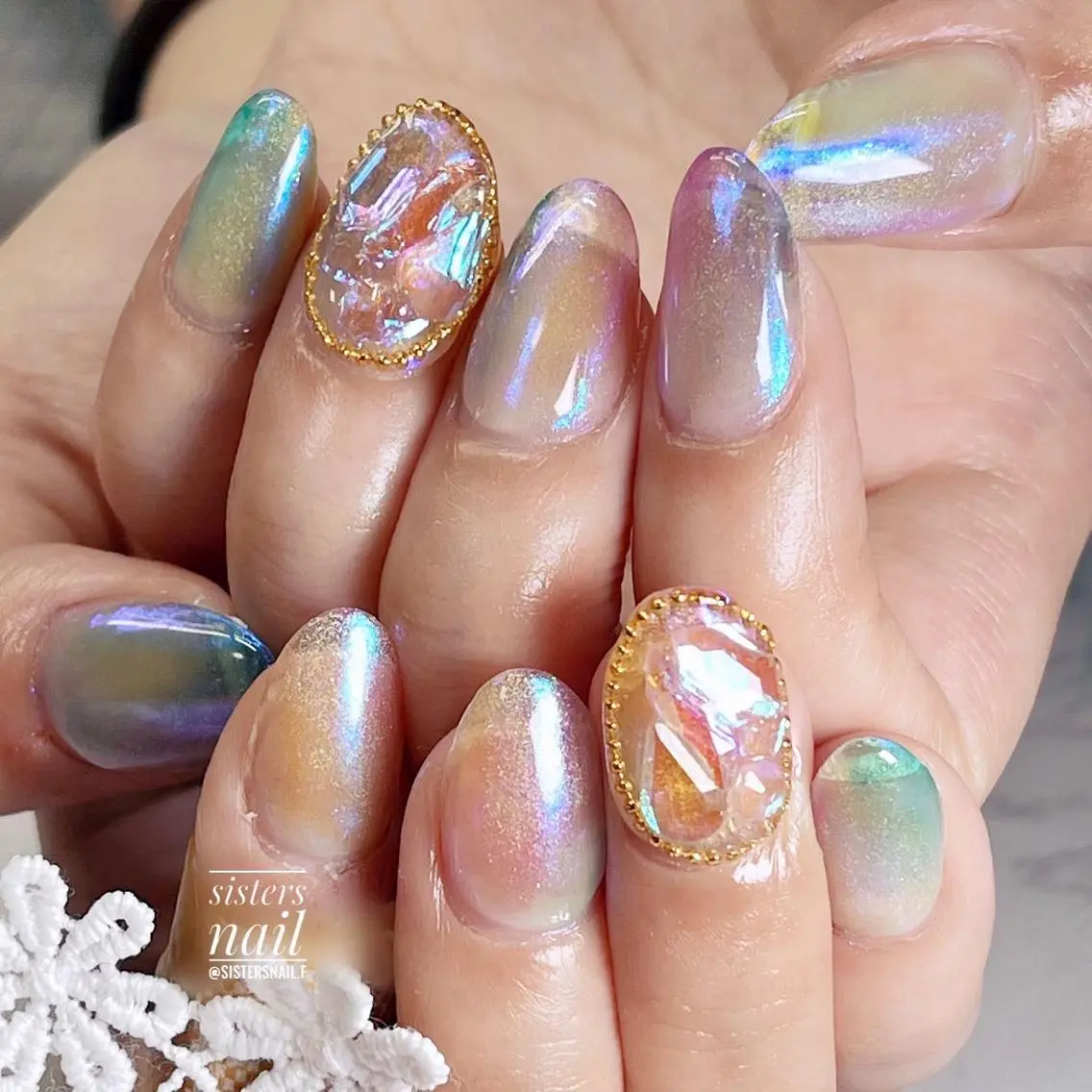 ネイル アートネイル オーロラネイル 氷ネイル・うるうるネイル ストーンネイル 夏ネイル sisters nail.fのネイルデザイン