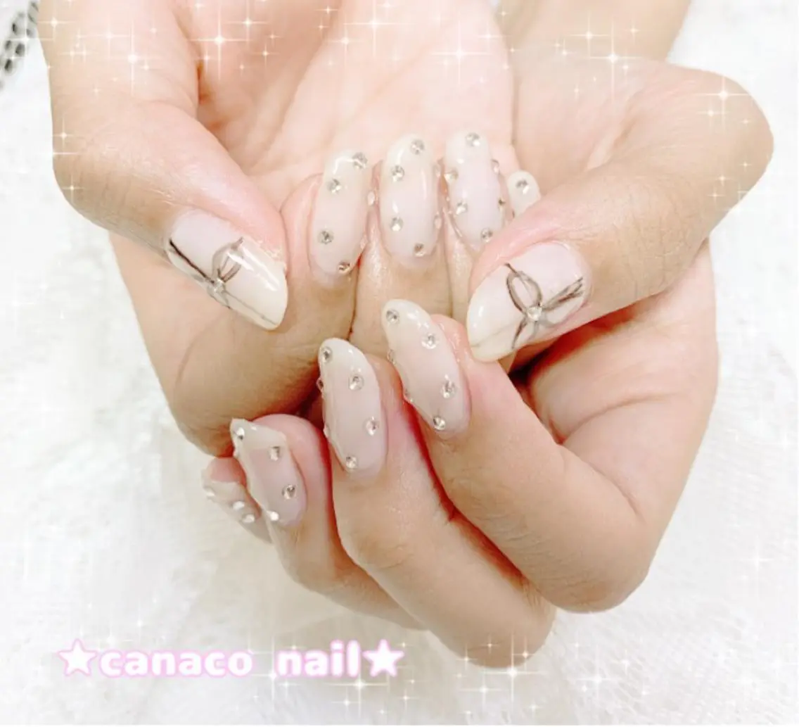 ネイル リボン ストーンネイル ハンドネイル ハンドケア ベテランネイル cnc nailのネイルデザイン