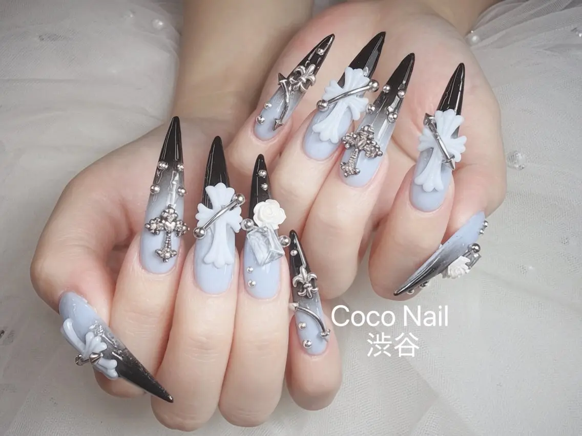 ネイル 成人式 大理石ネイル(マーブル) リボン 夏ネイル ネイルチップ ハンドネイル CoCo Nail 長さ出し専門店のネイルデザイン