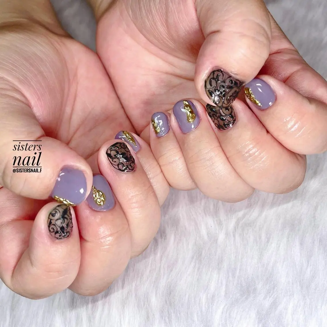 ネイル アートネイル レース ミラーネイル パープル sisters nail.fのネイルデザイン