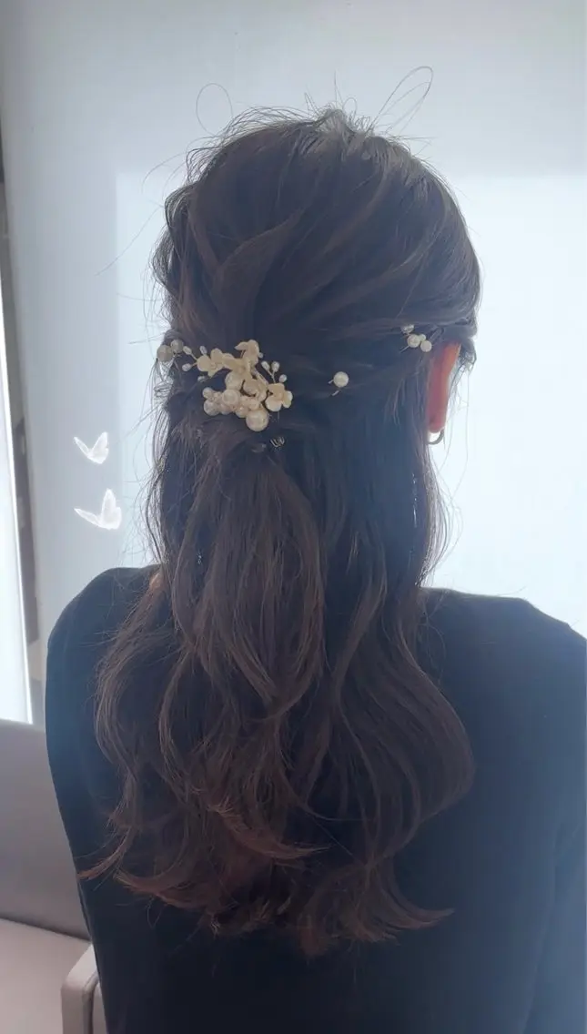 ロング ヘアアレンジ ハーフアップ 結婚式・ブライダル ヘアセット Ash桜新町/ Koyuki ❄️のヘアスタイル