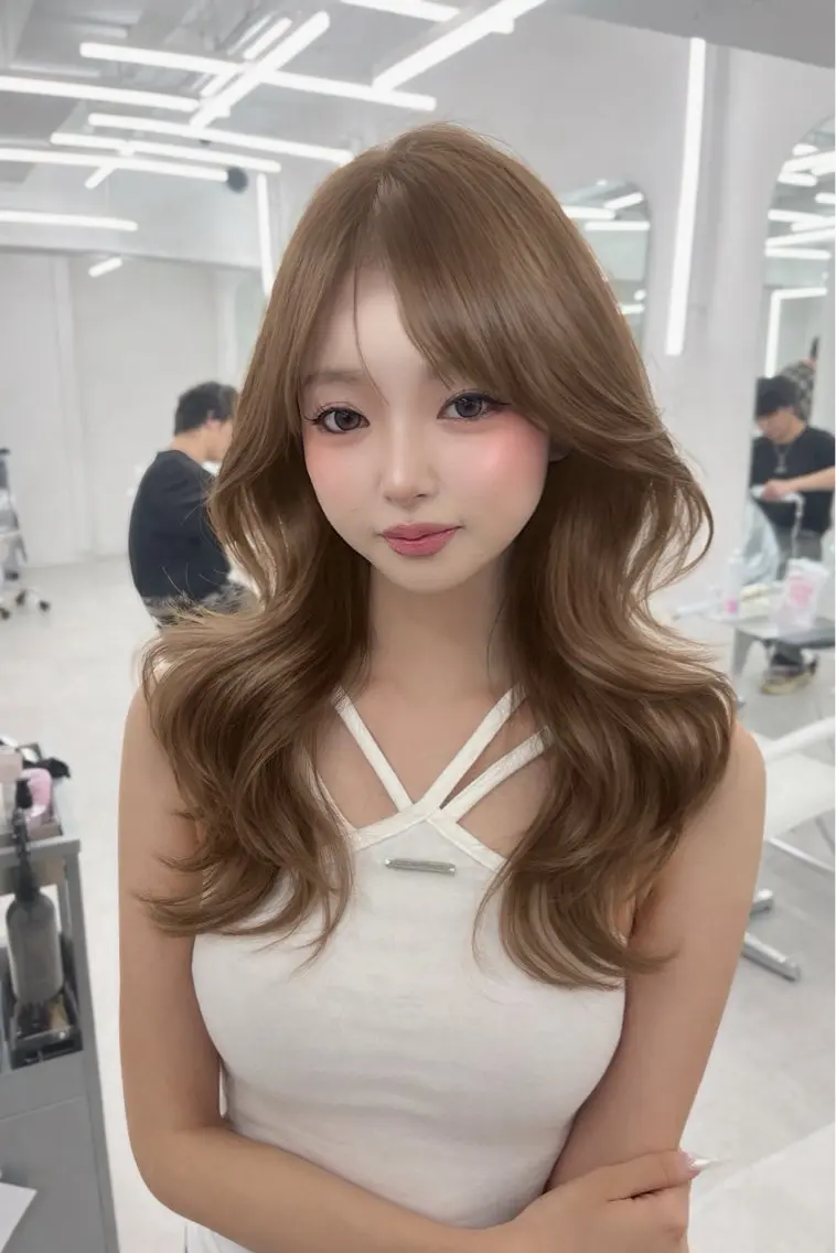 ロング カラー アッシュ ベージュカラー ブリーチ ブラウンカラー ブラウンベージュ ヘアカラー トリートメント ヘアセット 盛れる顔周り✨韓国式 レイヤーkanatoのヘアスタイル