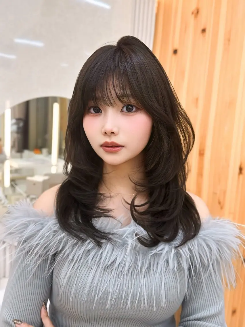 ミディアム カラー 透明感カラー グレージュ イルミナカラー ハイレイヤー レイヤーカット 顔周り特化/韓国ヘア /レイヤー/吉野幸大のヘアスタイル