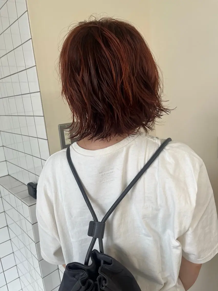 ショート カラー パーマ ブラウンカラー オレンジ オレンジブラウン くせ毛 ボブパーマ/パーマ ウルフパーマのヘアスタイル