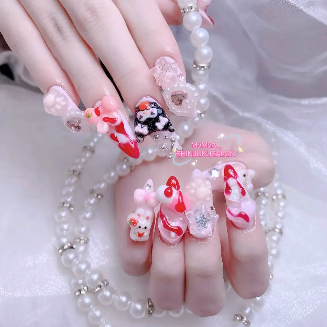 ネイル 成人式 ジェルネイル ロングネイル マグネットネイル 大理石ネイル(マーブル) ハンドネイル MoMoA Nail ネイル長さ出し専門店のネイルデザイン